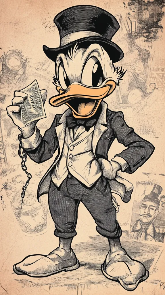 A stylized illustration of Scrooge McDuck, depicted in a Victorian-era top hat and suit.  He holds a dollar bill, and a chain is attached to his wrist.  The background features faded sepia tones and sketched elements, suggesting an antique or vintage aesthetic. The overall style is reminiscent of woodblock prints or etchings.  Scrooge's expression is one of shrewdness and contentment.