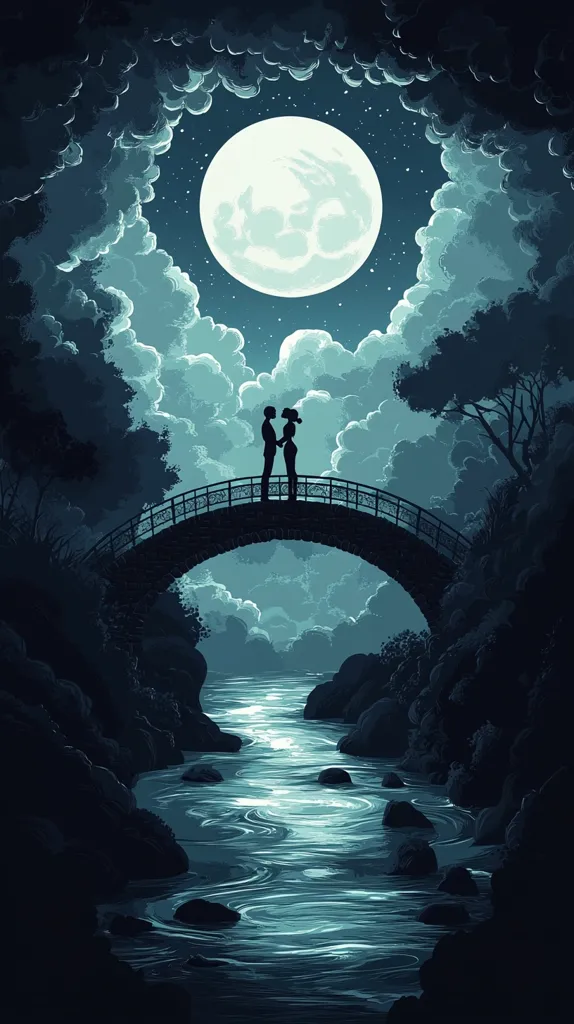 A romantic silhouette of a couple stands on a stone bridge at night, illuminated by a large, bright moon.  The scene is serene and dreamy, set against a backdrop of dark trees, a gently flowing stream, and a sky filled with soft clouds. The overall color palette is cool and muted, emphasizing the nocturnal atmosphere. The artwork evokes feelings of tranquility and peaceful love.