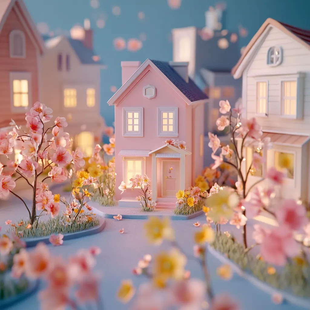 A charming miniature town scene features a pink house illuminated from within, nestled among blossoming cherry trees and smaller buildings.  Pastel colors and soft lighting create a whimsical, idyllic atmosphere.  The delicate detail of the flowers and houses evokes a sense of peace and tranquility.  Pink and yellow blossoms surround the central pink house, creating a vibrant spring setting.