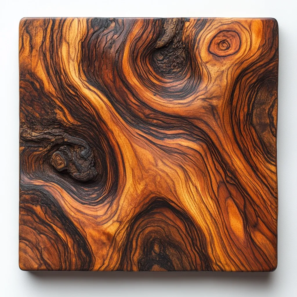 A square slab of richly colored wood displays striking swirling grain patterns.  The wood's surface is textured, with deep brown and amber tones creating a dramatic contrast.  The natural knots and variations in the grain add to the piece's unique character, suggesting a handcrafted, artistic quality.  The image showcases the beauty of the wood's natural formation.