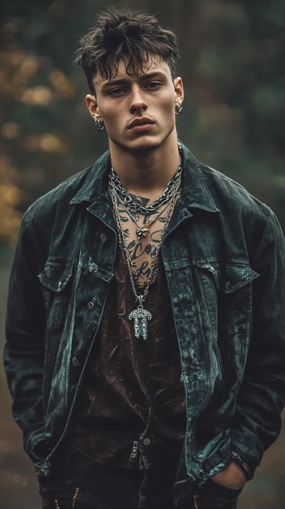 A young man with short, dark hair and several necklaces stands outdoors. He wears a dark denim jacket, a dark shirt, and dark pants. His expression is serious, and he has multiple piercings and tattoos. The background is blurred, suggesting a forest or wooded area. The overall mood is dark and edgy.