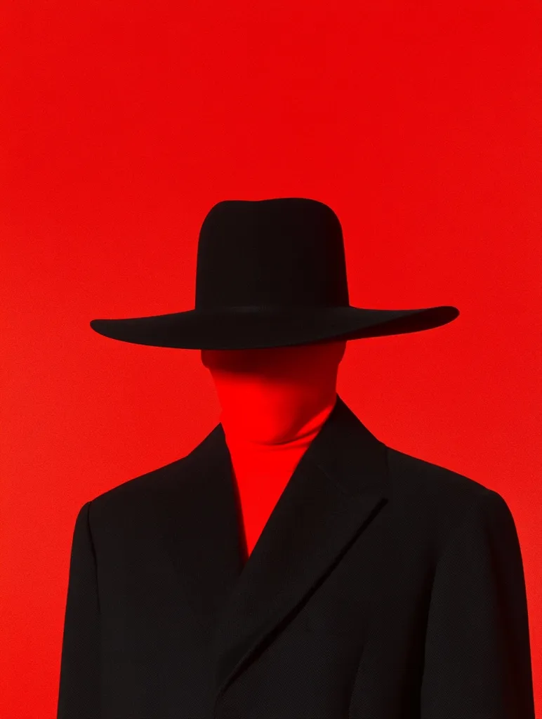 A figure, obscured by a wide-brimmed black hat, wears a black coat over a vibrant red turtleneck.  The stark contrast between the black clothing and the red background creates a bold, minimalist image. The face is completely hidden, emphasizing anonymity and creating a sense of mystery. The overall effect is striking and visually impactful.