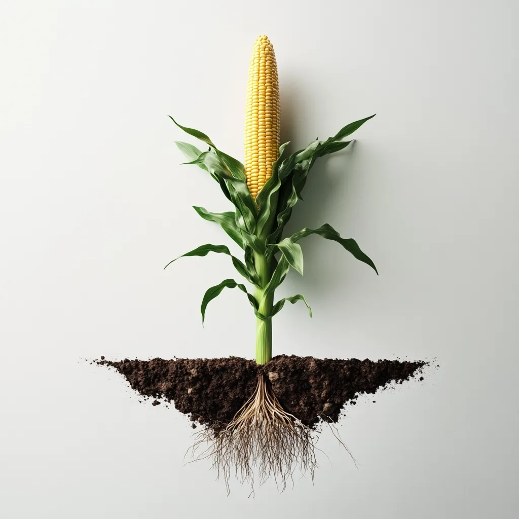A single corn plant is shown in a minimalist composition against a light gray background. The corn cob is ripe and golden yellow, atop vibrant green leaves and a stalk.  The plant's extensive root system is fully visible, embedded in a patch of dark brown soil.  The image emphasizes the plant's growth from root to cob.