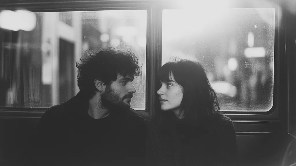 A black and white image shows a young man and woman sitting next to each other, gazing intently at one another. They are positioned in what appears to be public transportation, with a window showing a blurred city street in the background. The intimate moment is captured in a somber yet romantic style, highlighting the connection between the couple. The contrast between the light from the window and the darkness inside adds depth to the scene.