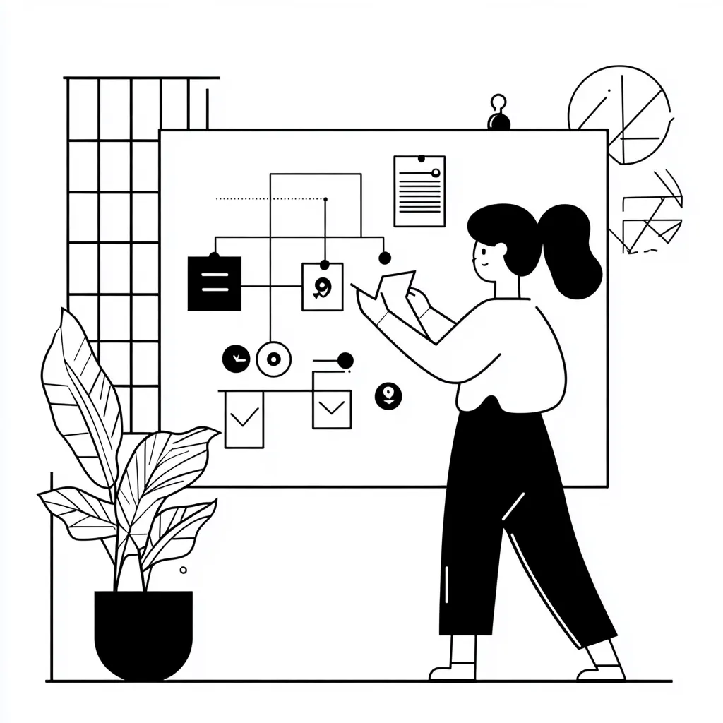 A woman stands beside a large whiteboard, meticulously reviewing a complex flowchart.  The chart is filled with interconnected boxes, checkmarks, and symbols, suggesting a project plan or process map. She holds a note, possibly adding or adjusting details on the board.  The scene is minimalist, with a simple plant in a pot adding a touch of life to the workspace.  The overall style is clean and modern, emphasizing organization and planning.