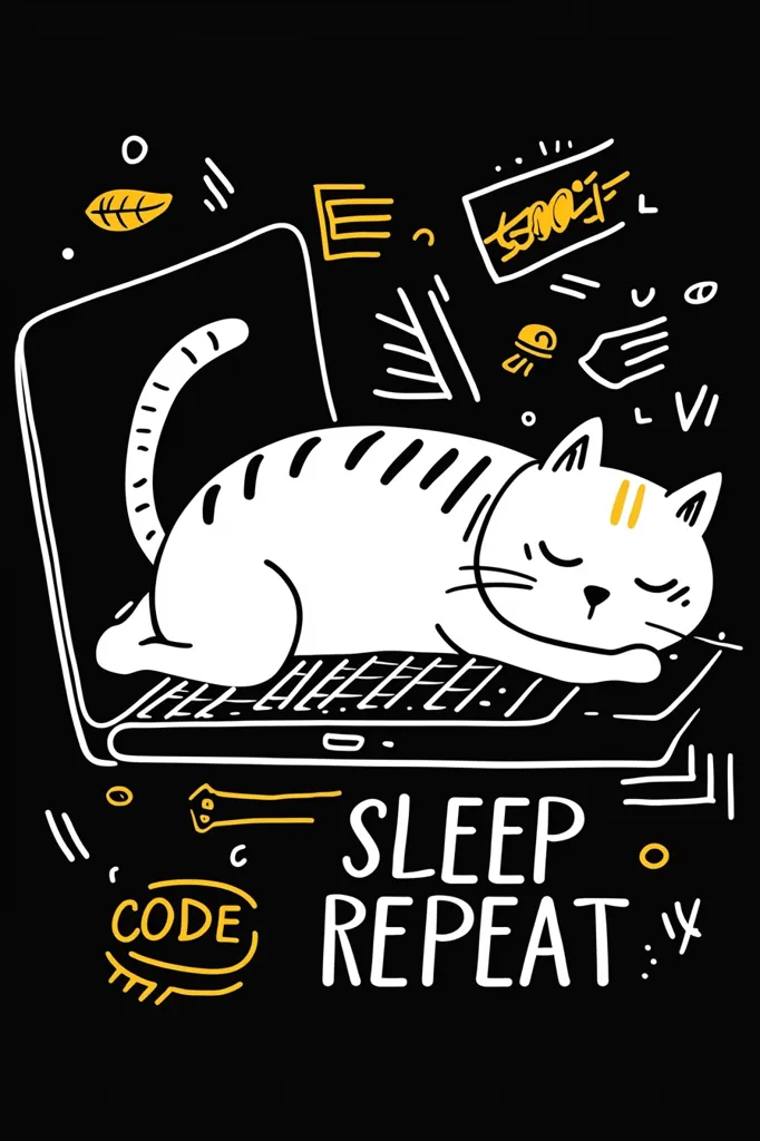 A cute cartoon illustration features a striped cat napping peacefully on a laptop keyboard.  Surrounding the cat are playful doodles, suggesting a programmer's workspace.  The text "SLEEP CODE REPEAT" is prominently displayed below the scene, implying a humorous cycle of coding and rest. The style is minimalist and uses bold white lines on a black background with accents of yellow.