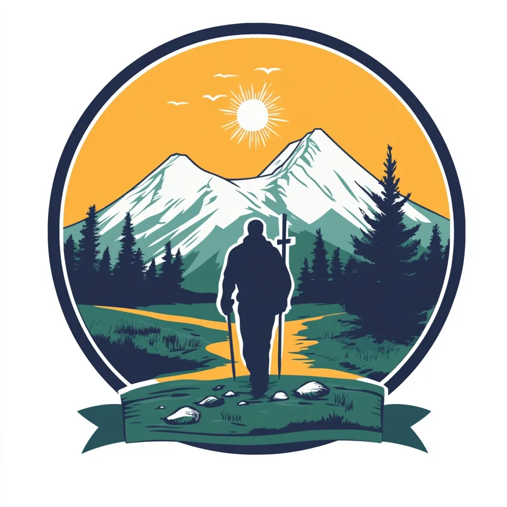 A hiker, silhouetted against a vibrant sunset, walks a path winding through a tranquil mountain valley.  Snow-capped peaks rise majestically in the background, under a bright sun.  Evergreen trees line the path, creating a serene and picturesque landscape.  The scene is encapsulated in a circular badge, enhanced with a banner at the base, conveying a sense of adventure and exploration.