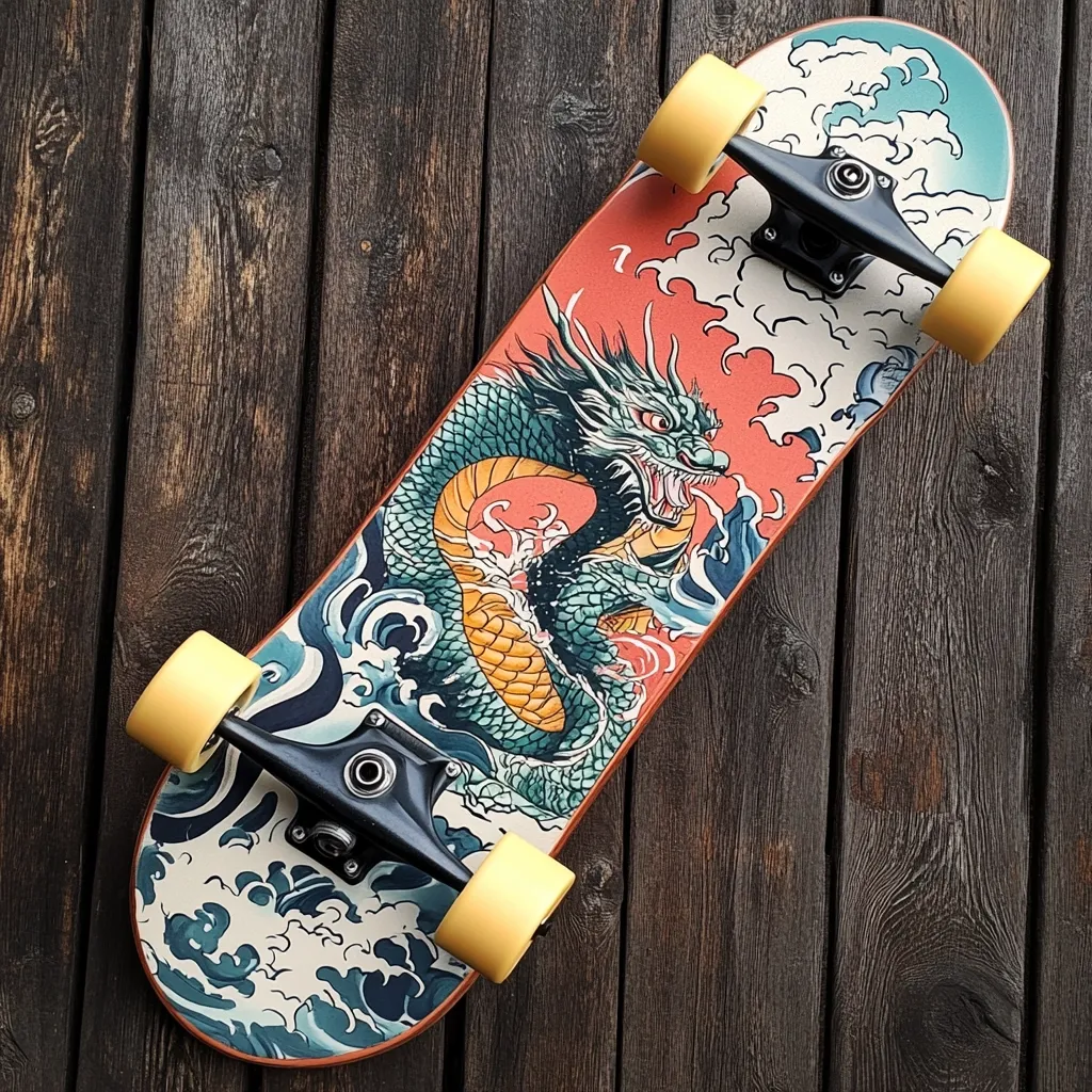 A skateboard with a vibrant design rests on a dark wooden surface.  The deck features a detailed illustration of a teal dragon amidst stylized waves, set against a coral and cream background.  The board has black trucks and yellow wheels, adding a pop of color to the intricate artwork. The overall aesthetic blends traditional Japanese art with modern skateboarding culture.