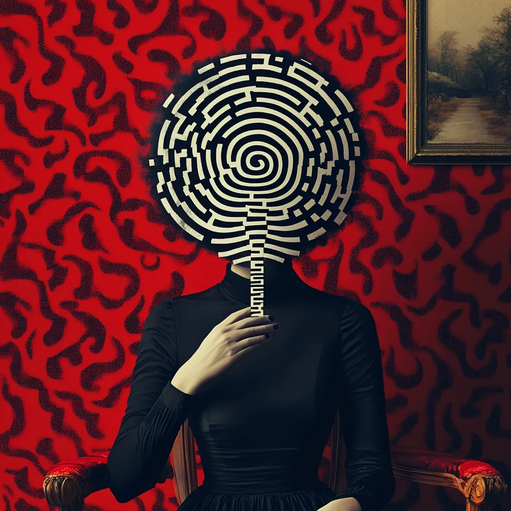 A woman in a black dress sits before a red patterned wall, her face obscured by a large, circular maze design. The maze is black and white, spiraling inward to a central point, held in front of her face like a mask.  The image has a surreal and mysterious quality, suggesting themes of identity, concealment, and complexity.  A framed landscape painting hangs on the wall behind her.
