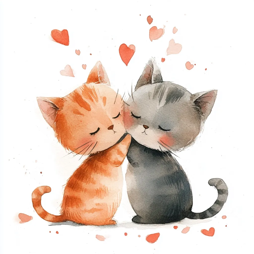 A watercolor painting depicts two adorable kittens embracing.  An orange tabby and a gray kitten cuddle closely, their eyes closed in peaceful affection.  Small, scattered hearts float around them, symbolizing love and tenderness.  The style is sweet and whimsical, perfect for a Valentine's Day card or romantic illustration.