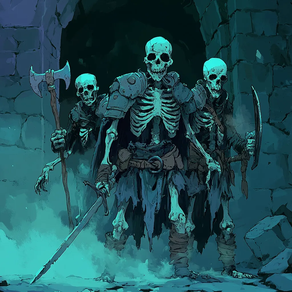Three skeletal figures, clad in tattered dark clothing and armor, stand within a shadowy stone archway.  The central skeleton wields a long sword, while flanking figures carry an axe and a shield.  A teal-green glow illuminates the scene, enhancing the eerie atmosphere of the dungeon setting. The skeletons appear menacing, their bony forms sharply defined against the dark background.
