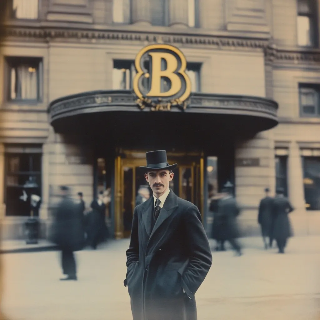 A man in a dark overcoat and top hat stands confidently before the entrance of a grand hotel.  The hotel's entrance features a large, ornate "B" emblem.  Blurred figures of pedestrians in period clothing populate the background, creating a sense of bustling city life in a sepia-toned photograph. The overall aesthetic suggests a turn-of-the-century setting.
