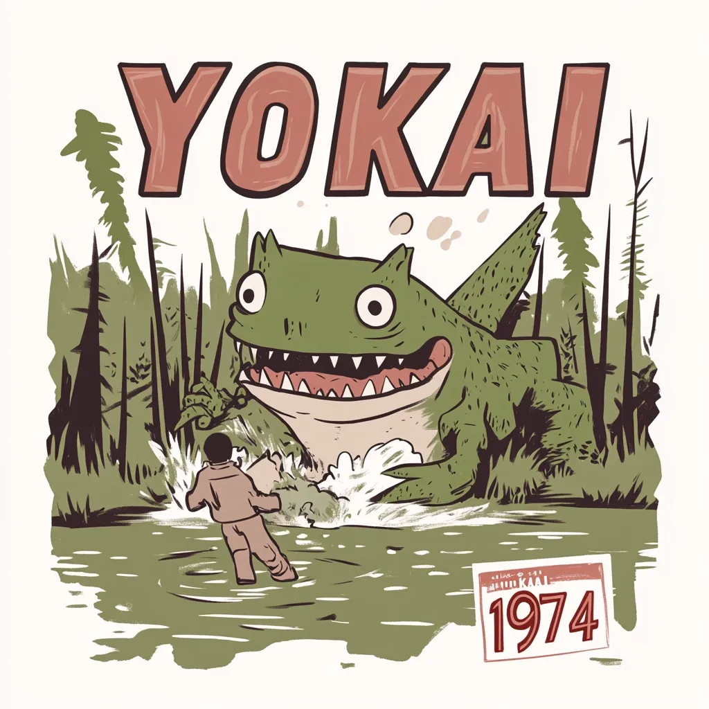 A whimsical illustration titled "Yokai" depicts a large, friendly-looking green creature emerging from a swampy river.  A small person runs away from it, seemingly unthreatened. The scene is set in a forest, with a stylized calendar marking the year 1974.  The overall style is cartoonish and slightly retro.