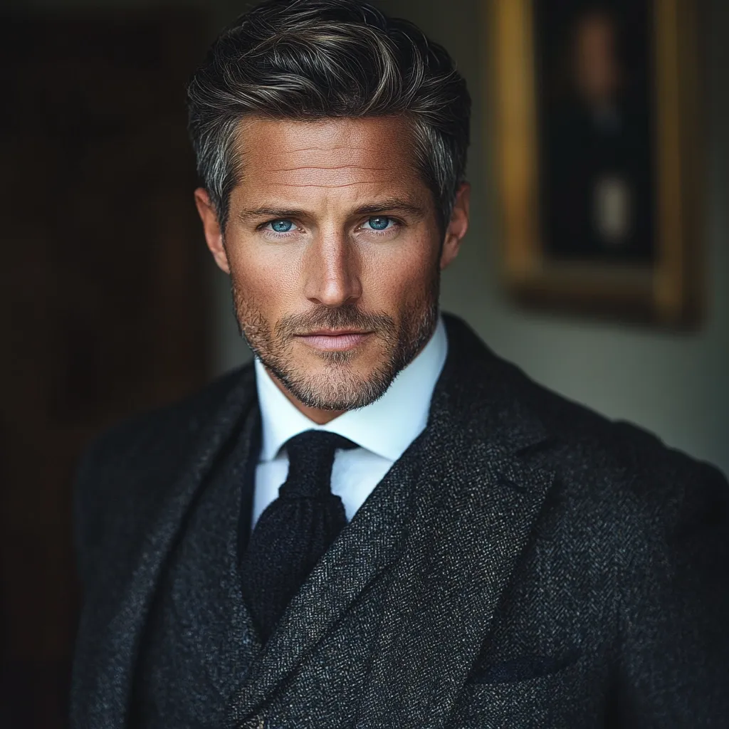 A man with salt and pepper hair styled in a textured, swept-back look stares directly at the camera.  He sports a sophisticated three-piece dark grey suit with a crisp white shirt and dark tie, exuding a confident and refined air.  The background is subtly blurred, drawing focus to his sharp features and impeccable attire. The overall impression is one of elegance and classic style.
