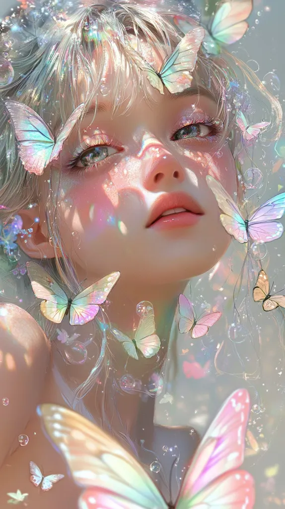 A digital painting of a young woman with flowing blonde hair, surrounded by iridescent butterflies and shimmering light.  Her delicate features are emphasized by soft lighting, creating a dreamy, ethereal atmosphere.  The pastel color palette and the abundance of butterflies contribute to a whimsical and magical feel.  The overall impression is one of beauty, serenity, and fantasy.