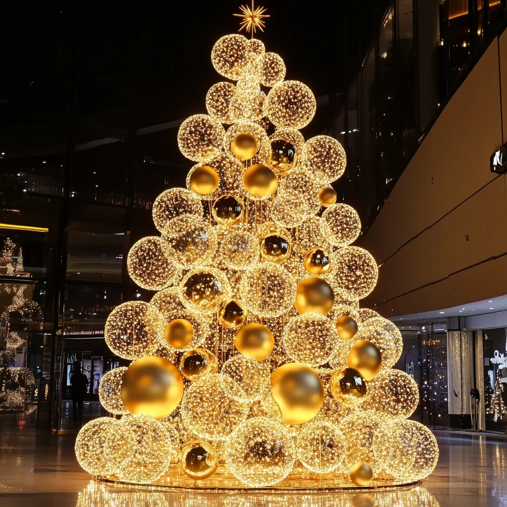 A dazzling Christmas tree, adorned with numerous shimmering gold spheres of varying sizes, stands majestically.  The tree's structure is formed from smaller, interconnected light orbs, creating a breathtaking, golden cascade of light.  It's positioned in a luxurious, modern setting, likely a shopping mall, emphasizing its opulent design. The overall effect is one of festive brilliance and sophisticated elegance.