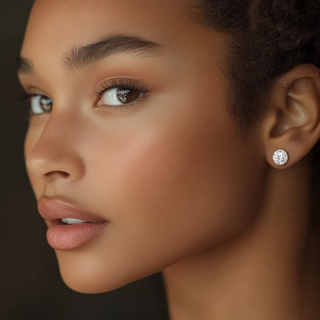 Close-up profile of a young woman with dark brown skin and hair.  Her makeup is natural and subtly enhances her features.  She is wearing a small, round diamond stud earring in her right ear. The lighting highlights her cheekbones and the soft glow of her skin.  The overall image is elegant and sophisticated.