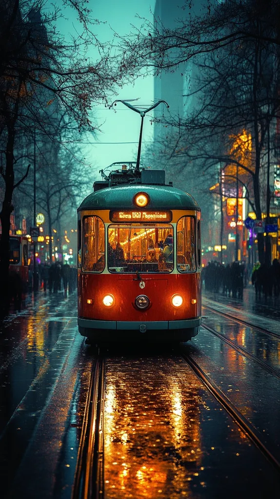 A vintage-style tram, illuminated by warm interior lights, glides along rain-slicked tram tracks.  The city street is dimly lit, with bare trees lining the sides, their branches silhouetted against a twilight sky.  Pedestrians are visible in the background, adding a sense of atmospheric urban life on a rainy evening.  The reflection of the tram's lights dances on the wet pavement.