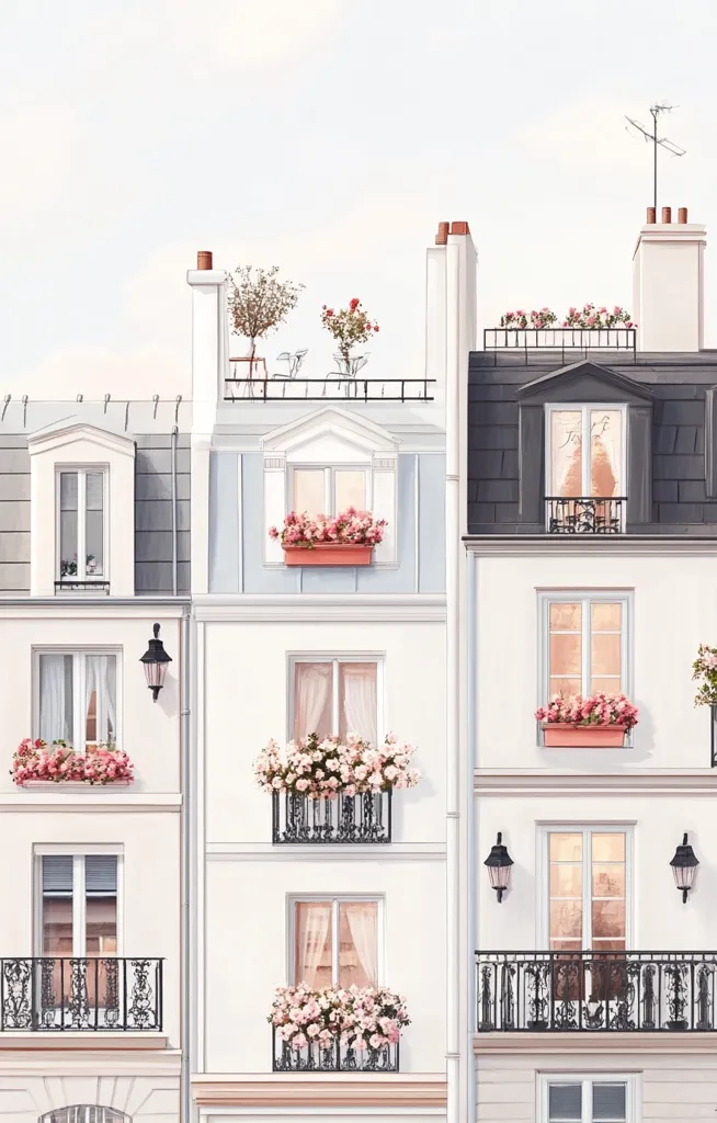 A charming illustration depicts a row of Parisian-style buildings, adorned with blooming pink flowers in window boxes and on rooftop terraces.  Elegant balconies with intricate ironwork extend from each window.  The buildings are painted in soft whites and light blues, creating a serene and romantic atmosphere.  A touch of grey on the rooftops adds a subtle contrast to the overall pastel palette.