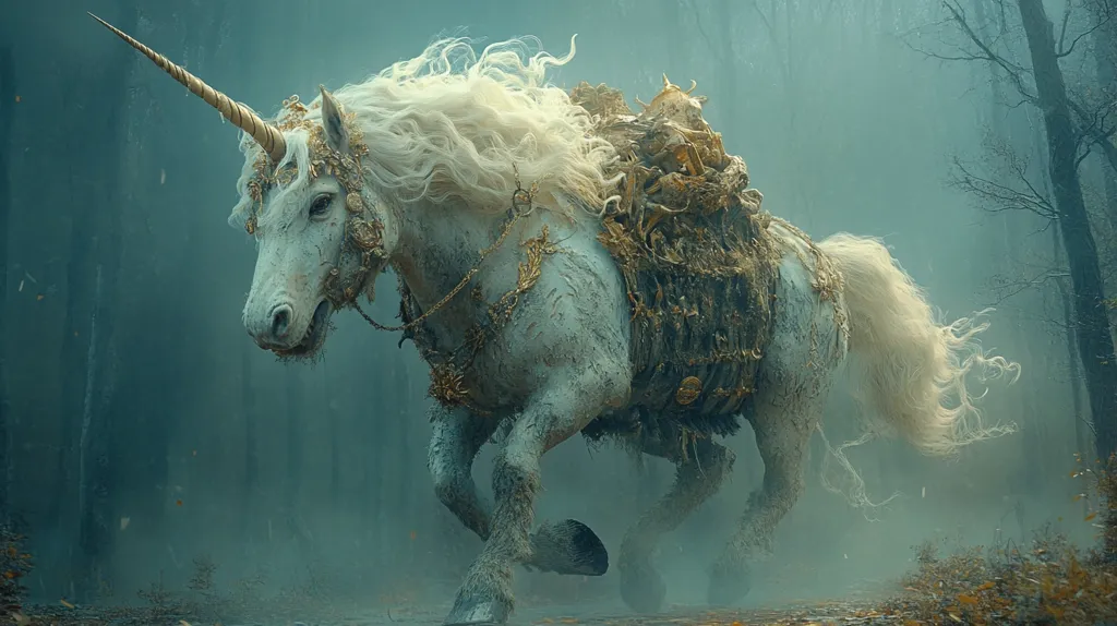 A majestic white unicorn, adorned with ornate golden harness and trappings, gallops through a misty, ethereal forest.  Its long, flowing mane and tail billow behind it, adding to the mystical atmosphere. The unicorn's coat appears weathered, possibly suggesting age or a journey through challenging terrain.  The overall scene evokes a sense of fantasy and wonder.