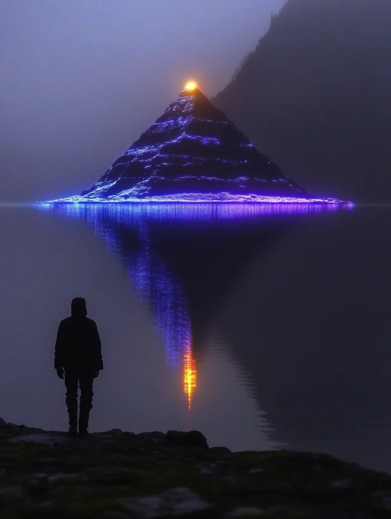 A lone figure silhouetted against a mystical scene observes a pyramid-shaped island in a calm body of water.  The island glows with vibrant purple and blue lights, its apex crowned with a warm, orange light.  A mirrored reflection enhances the ethereal ambiance, creating a surreal and captivating atmosphere under a dusky sky.  The overall mood is one of quiet awe and mystery.