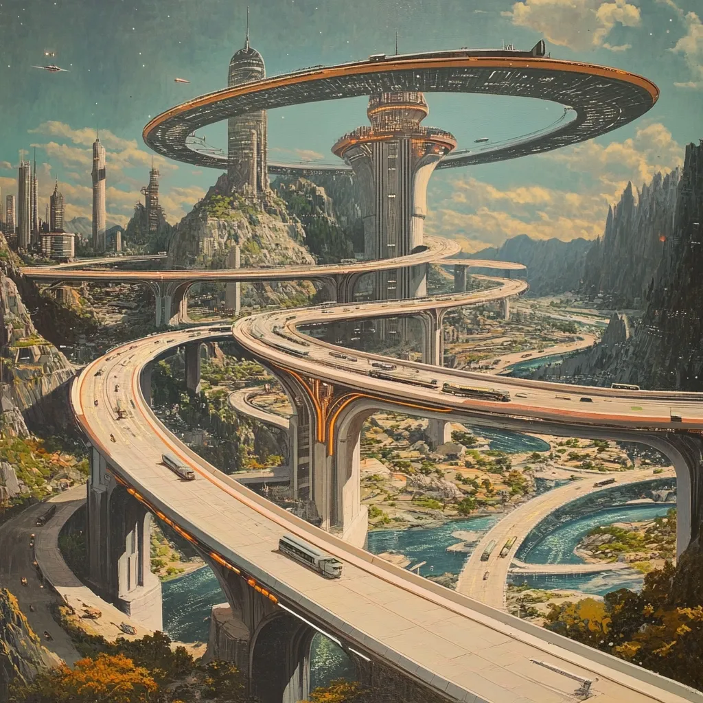 A futuristic cityscape is depicted, featuring towering skyscrapers and a complex network of elevated highways spiraling through mountainous terrain.  A central, ring-shaped structure acts as a hub, connecting various levels of roadways.  The image evokes a sense of advanced technology and urban planning, with vehicles traversing the intricate system of bridges and roads. The style is reminiscent of retro-futurism, with a muted color palette and a slightly vintage feel.