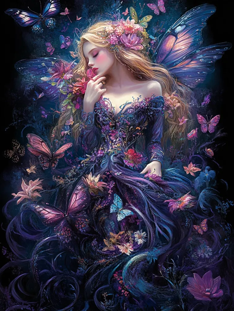 A serene blonde fairy, adorned with a floral crown and large purple wings, is depicted in a flowing, dark purple gown.  Surrounding her are numerous butterflies and vibrant flowers, creating a mystical and ethereal atmosphere.  Her gentle expression and delicate touch to a blossom emphasize the peaceful nature of the scene. The artwork is rich in detail and vibrant color, with a dreamlike quality.