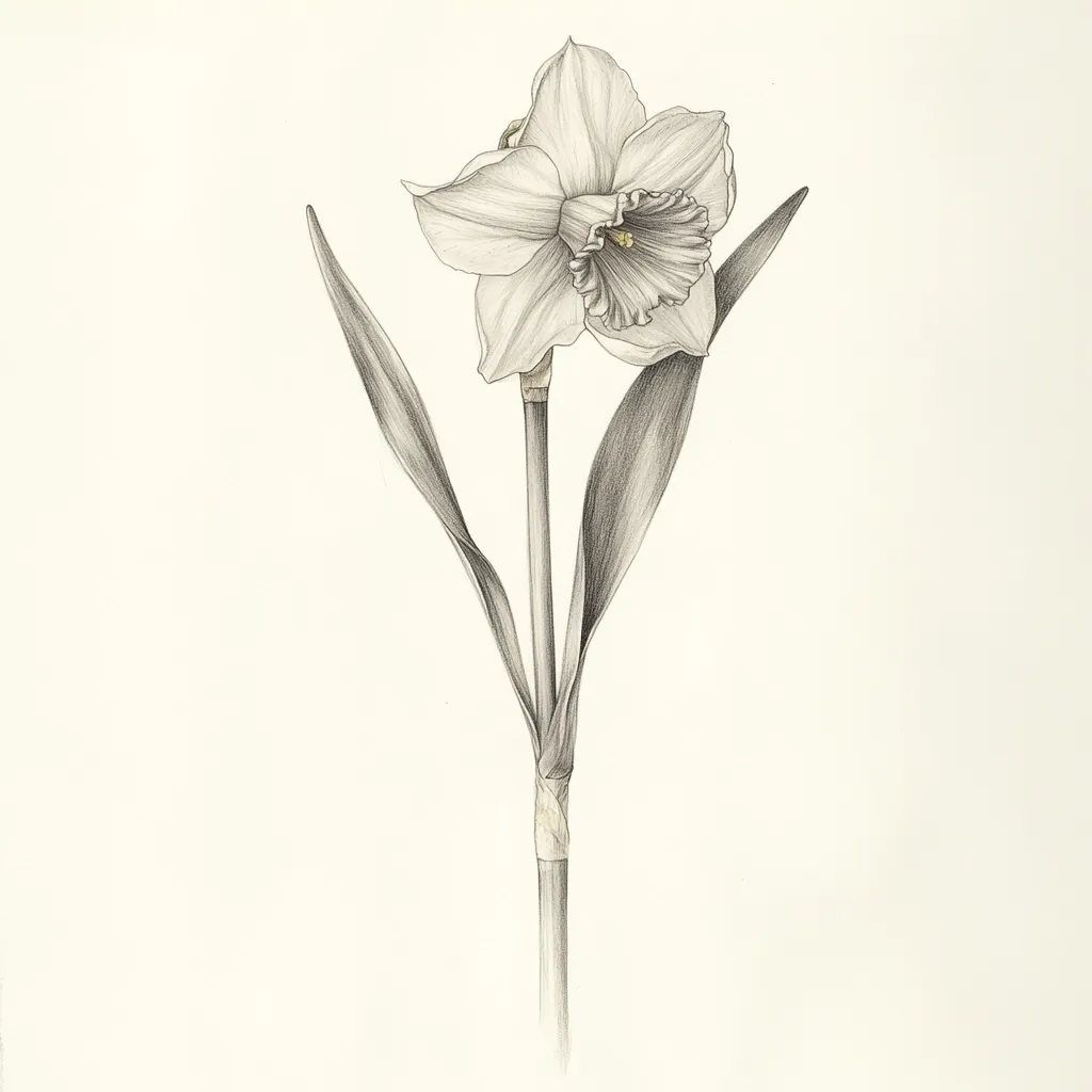 A detailed pencil sketch of a single daffodil.  The flower is depicted in grayscale, showcasing delicate shading and texture on the petals and leaves.  The stem is long and slender, and the leaves are elegantly curved. The overall style is realistic and botanical, emphasizing the flower's form and structure.  The background is a simple off-white, allowing the daffodil to be the focal point.