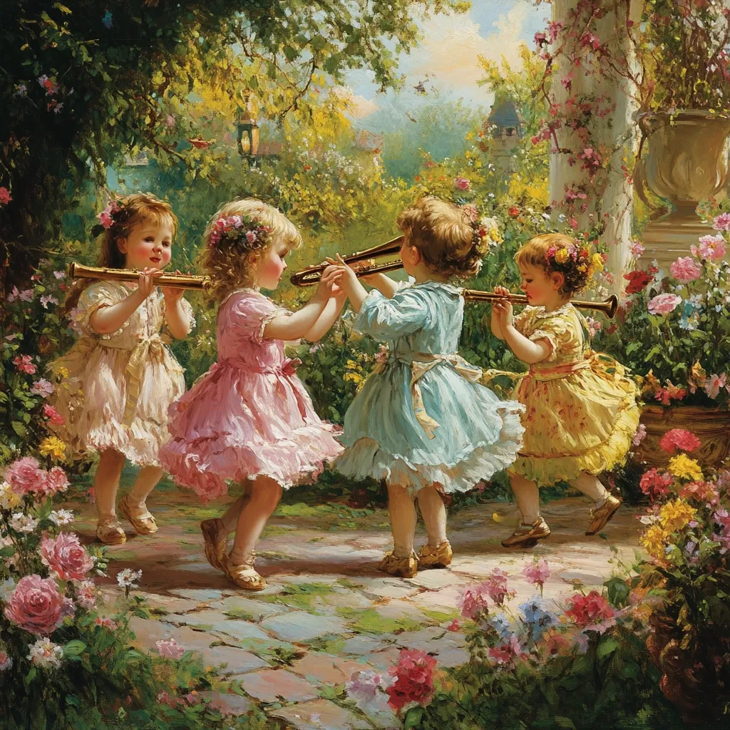 Four young girls in pretty dresses play musical instruments in a vibrant garden.  Sunlight streams through lush greenery surrounding a stone path. Roses and other colorful flowers bloom abundantly. The girls appear to be happily engaged in their musical performance, creating a charming and idyllic scene.