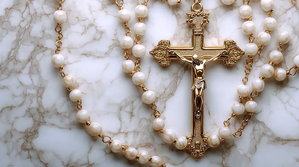 A gold crucifix rests atop a rosary with off-white beads.  The rosary is laid on a marble surface. The crucifix features a detailed depiction of Jesus Christ. The image evokes a sense of spirituality and religious devotion. The contrast between the gold and white creates a visually appealing composition. The marble background adds a touch of elegance.