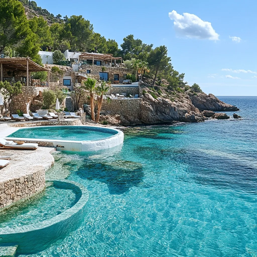 A luxurious resort nestled on a cliff overlooking a stunning turquoise sea.  The resort features a large infinity pool that blends seamlessly with the ocean, surrounded by sun loungers and palm trees.  Stone architecture complements the natural landscape, creating a tranquil and exclusive getaway. The clear water and pristine surroundings offer a picturesque Mediterranean escape.