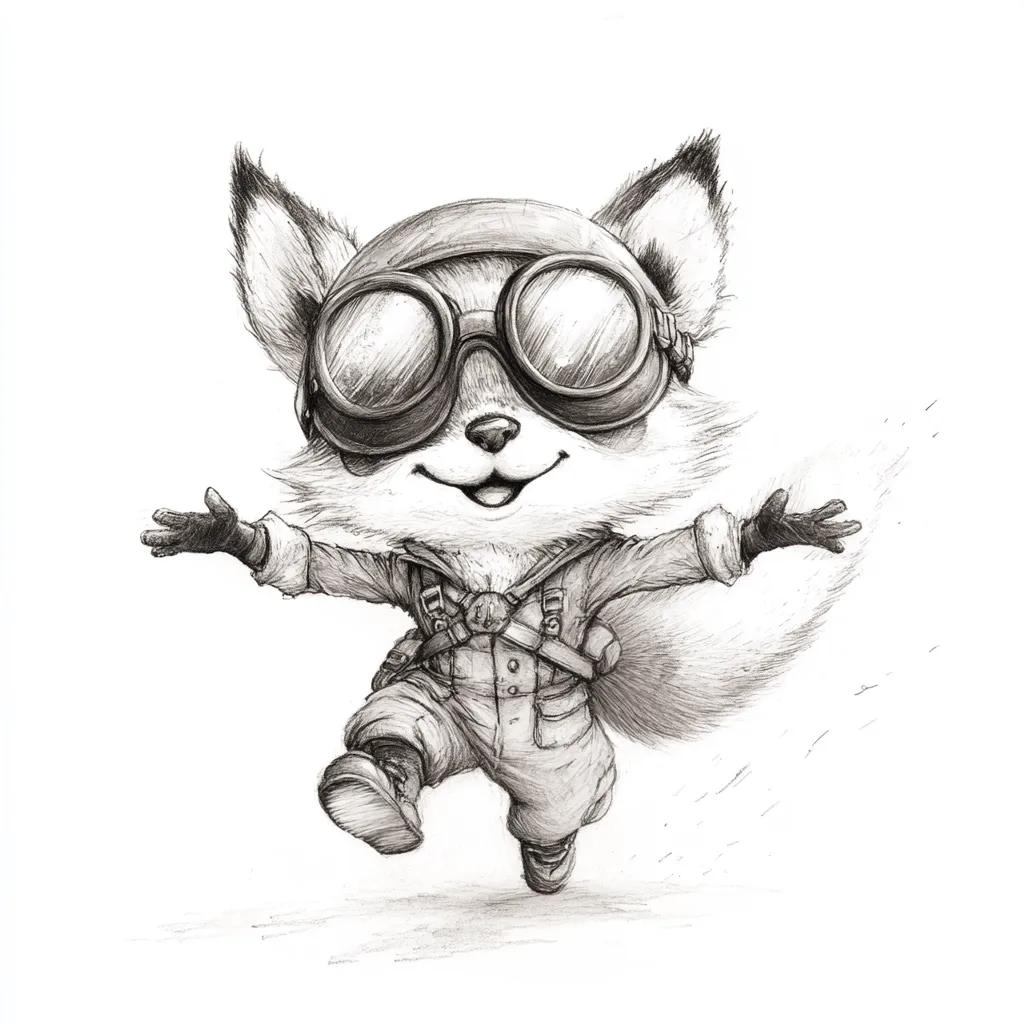 A charming pencil sketch depicts a fox, anthropomorphized as a cheerful aviator.  Wearing goggles, a flight helmet, and a utilitarian jumpsuit with a backpack, the fox joyfully leaps forward, arms outstretched.  Its expressive face and dynamic pose convey a sense of playful energy and adventure. The detailed shading adds depth and realism to the whimsical character.