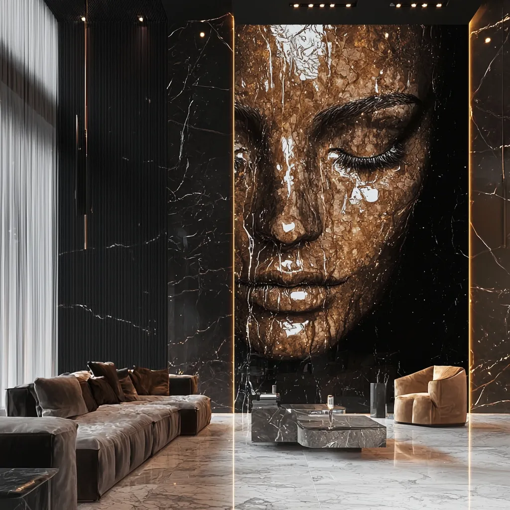 A luxurious living room features a large, dramatic artwork of a woman's face rendered in bronze and marble textures.  The artwork is a focal point against a backdrop of dark marble walls and sleek, modern furniture. A low, modular sofa in muted tones sits opposite a coffee table, complemented by a plush armchair.  The overall aesthetic is dark, sophisticated, and opulent.