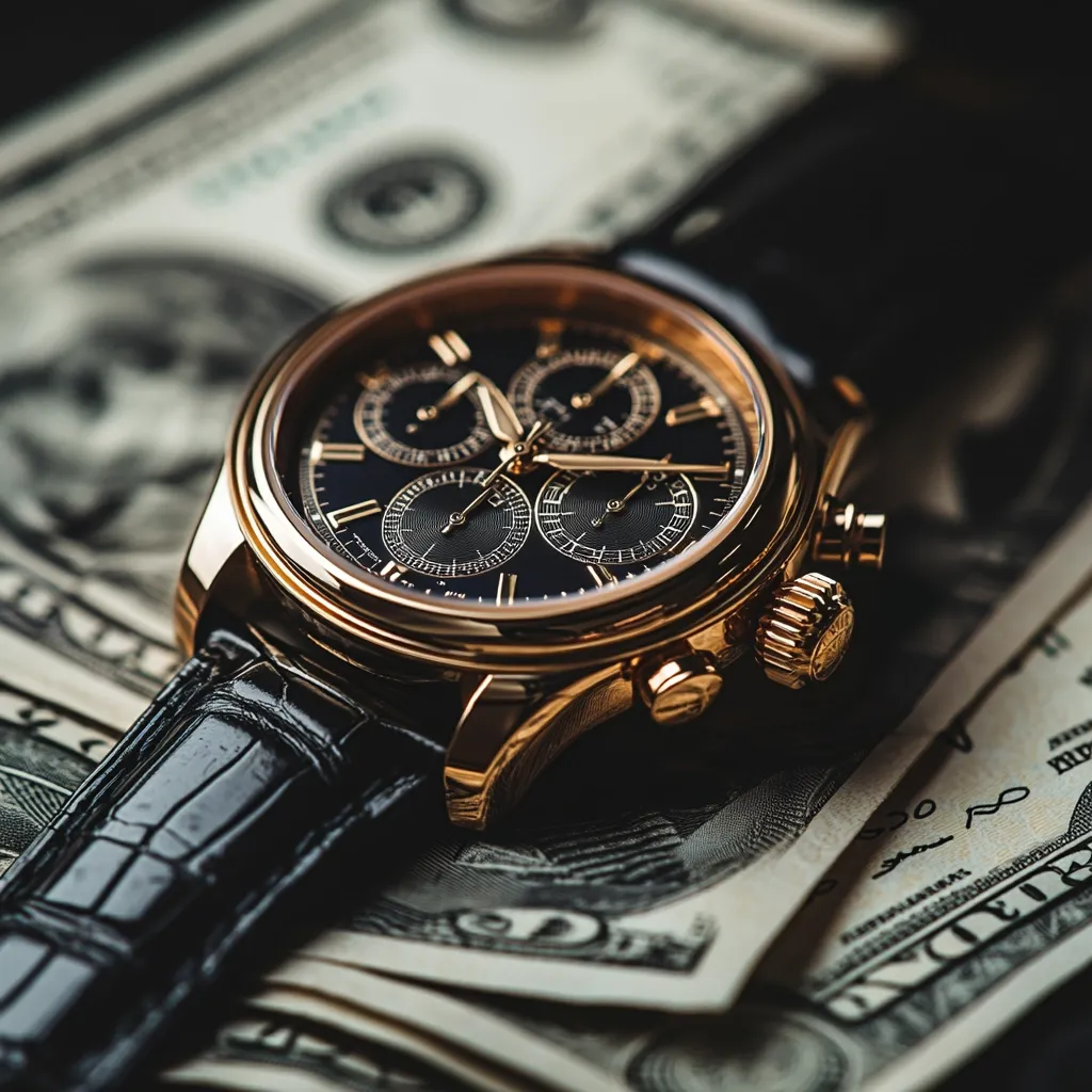 A luxurious rose gold chronograph wristwatch with a black leather strap rests on a pile of US dollar bills.  The watch features a sophisticated black dial with multiple sub-dials and Roman numerals.  The image emphasizes the contrast between the opulent timepiece and the everyday currency, highlighting its high value and exclusivity.
