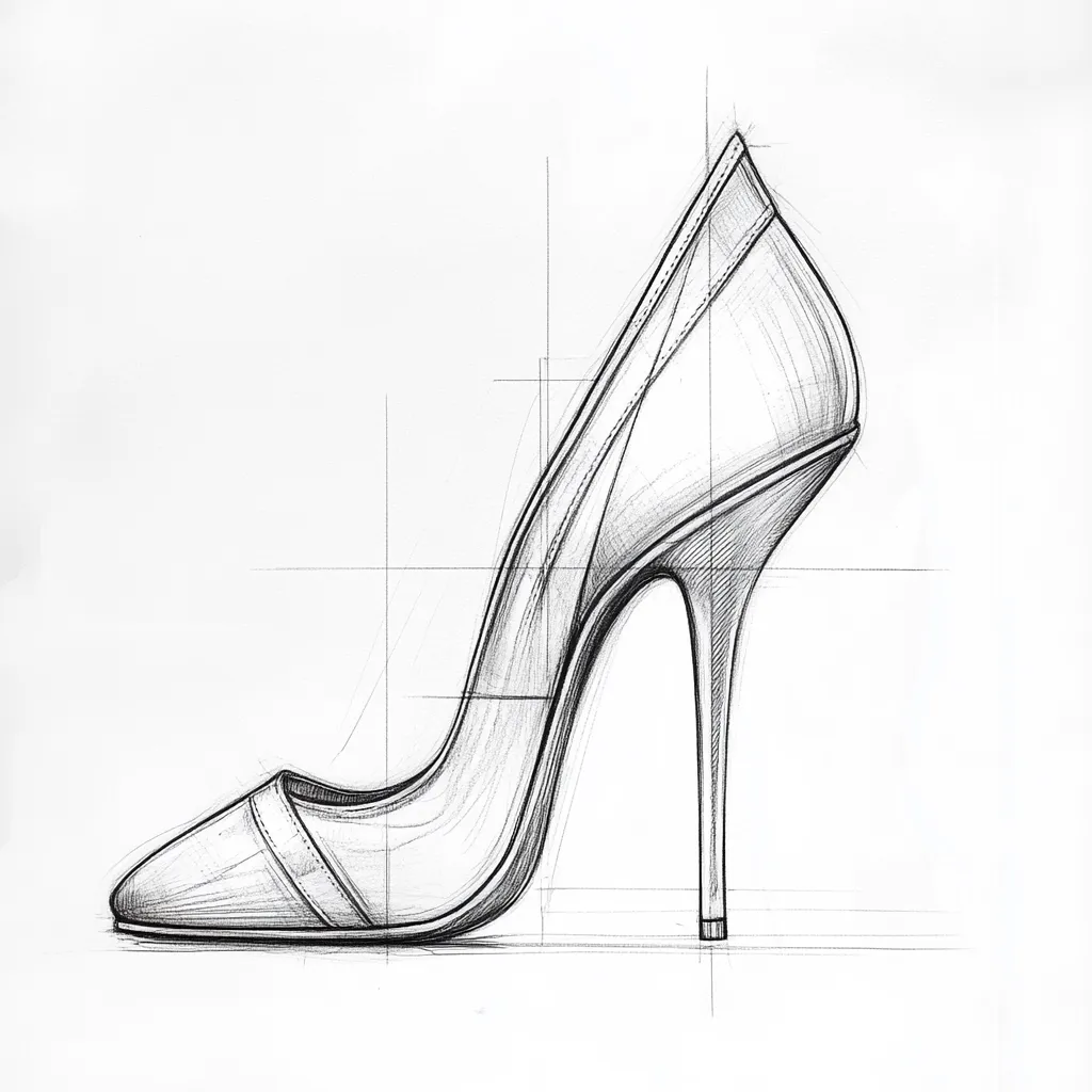 A detailed pencil sketch showcases a women's high-heeled pump.  The drawing utilizes construction lines, suggesting a design process. The shoe is depicted in profile, revealing its pointed toe and slender heel. The shading emphasizes the shoe's form and texture, creating a realistic representation within the technical drawing style.