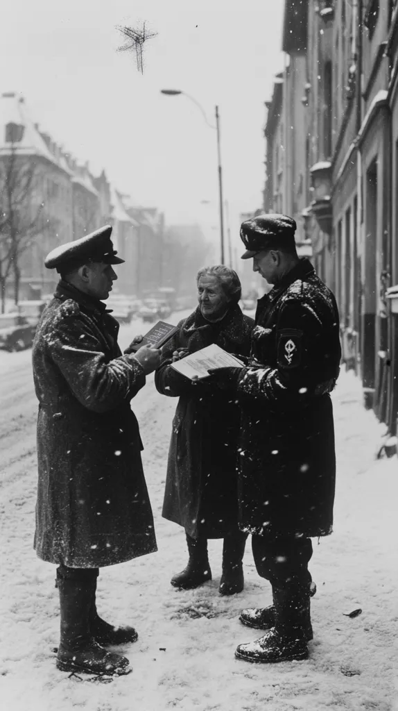 A black and white photo depicts a snowy street scene. Two uniformed men stand in the snow, interacting with an older woman.  The men appear to be military or police personnel, and they are handing documents or papers to the woman. The scene suggests a time of hardship or rationing, possibly during wartime.  The buildings in the background are old and covered in snow. The overall mood is somber and reflective of a cold, potentially difficult period.