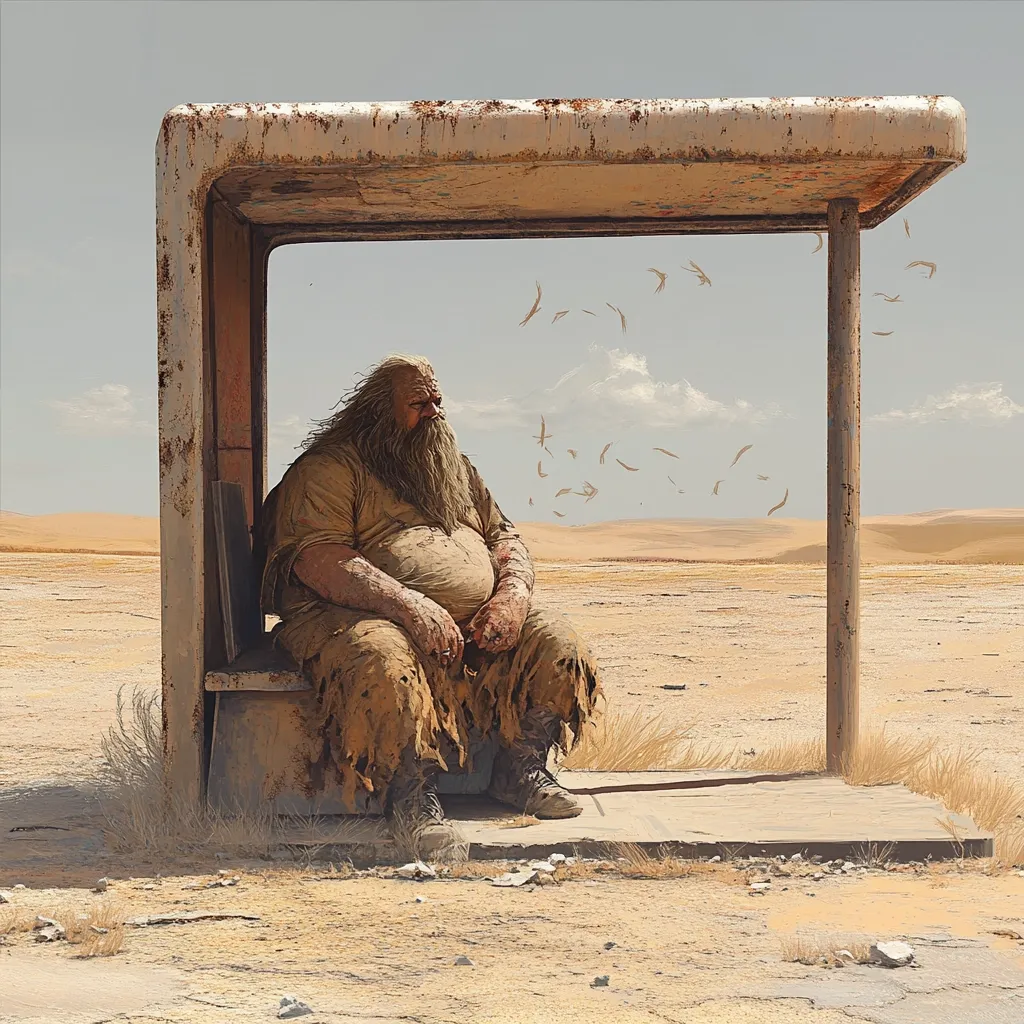 A large, bearded man with tattered clothing sits patiently beneath a rusty, dilapidated bus shelter in a desolate desert landscape.  Birds fly overhead, a stark contrast to the stillness of the scene. The man's posture suggests weariness and waiting, conveying a sense of isolation and endurance in a harsh environment. The overall tone is one of loneliness and quiet desperation.