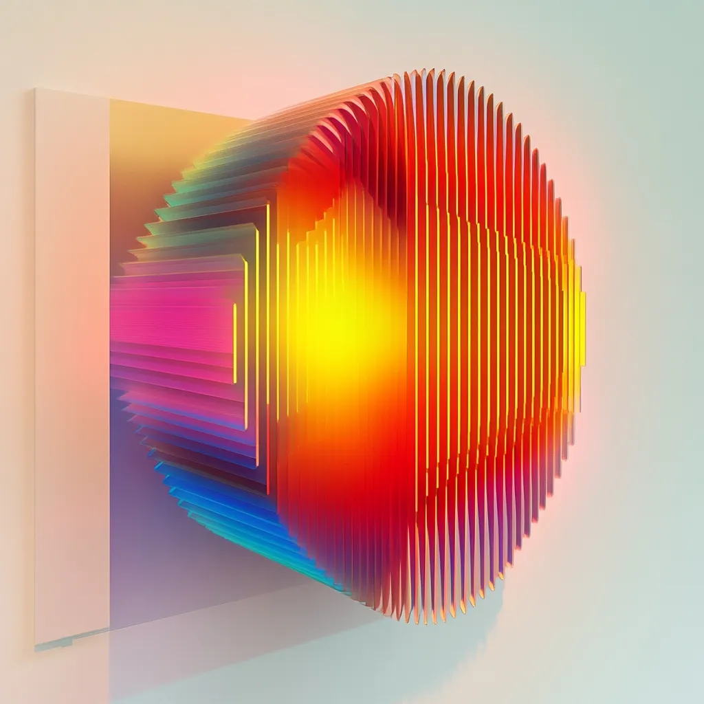 A vibrant, abstract sculpture dominates the image.  Composed of numerous, thin, multicolored slats, it resembles a multifaceted, curved form.  The colors transition smoothly from cool blues and purples at one end to warm oranges and yellows at the center, creating a striking visual effect. The piece is mounted on a pale, rectangular base, contrasting subtly with its bold design.  The overall impression is one of dynamic energy and optical complexity.