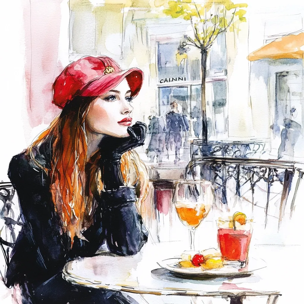 A watercolor painting depicts a young woman with long auburn hair, wearing a red newsboy cap and black gloves, sitting at an outdoor café table.  She rests her chin on her hand, gazing thoughtfully into the distance.  A glass of wine and a cocktail sit on the table beside a small plate of fruit. The background shows a blurred Parisian street scene with shops and pedestrians. The style is impressionistic and romantic.