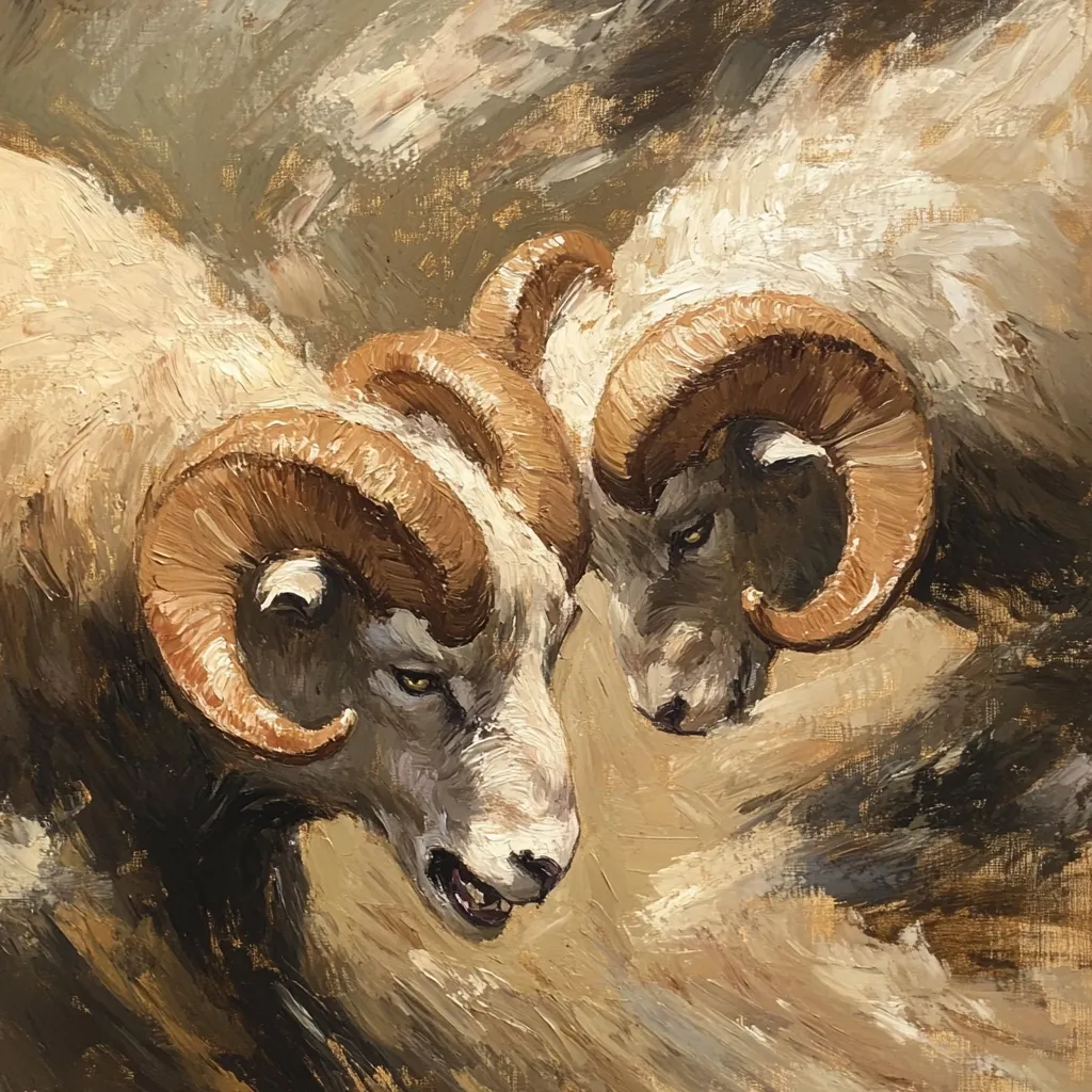 A dynamic oil painting depicts two rams locked in a tense standoff.  Their large, curled horns are prominent, and their expressions are fierce, suggesting an impending headbutt.  The artist uses bold brushstrokes and a warm color palette, emphasizing the texture of the rams' fleece and the energy of the scene. The background is abstract, focusing attention on the animals' interaction.