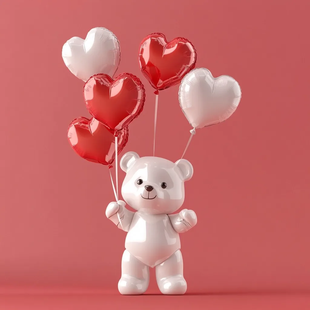 A cute, white, glossy teddy bear stands against a coral background, joyfully holding onto a bunch of heart-shaped balloons.  The balloons are a mix of red and white, creating a charming Valentine's Day scene. The bear's smooth surface and the shiny balloons add a playful, celebratory feel to the image.