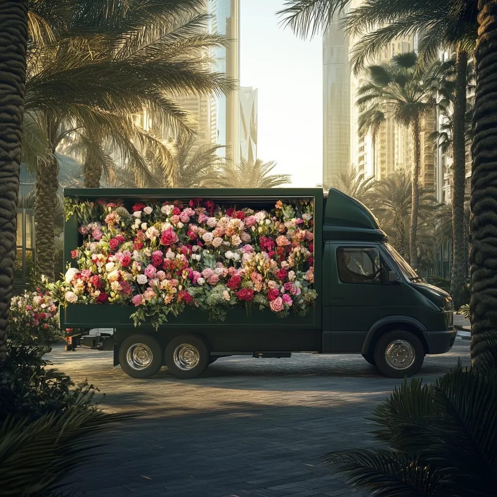 A dark green delivery truck, overflowing with a vibrant mix of pink, red, and white roses and other flowers, is parked on a city street.  Tall buildings and palm trees line the background, bathed in the warm light of sunrise or sunset. The scene suggests a floral delivery, possibly for a special event, in a luxurious urban setting.
