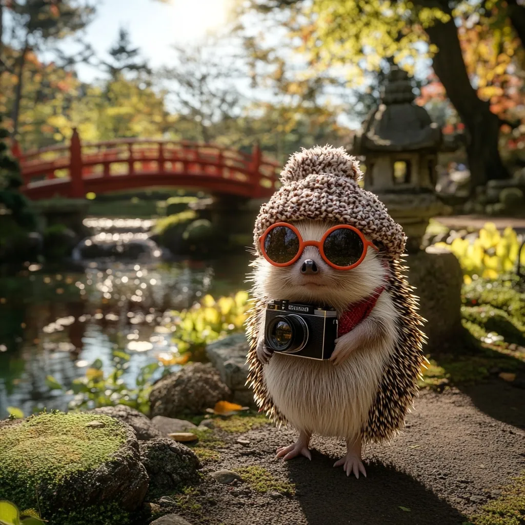 A hedgehog, stylishly dressed in a knit cap and sunglasses, stands in a serene Japanese garden.  It holds a vintage camera, seemingly ready to capture the beauty of the red bridge and tranquil pond in the background.  The autumnal setting adds to the charming and whimsical scene.