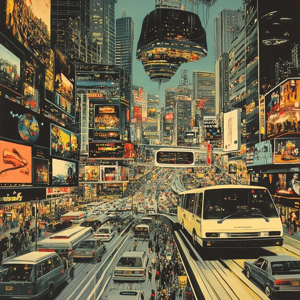 A vibrant, futuristic cityscape bursts with neon signs and towering buildings.  Elevated roadways weave through dense traffic, including futuristic buses and cars. A massive, hovering structure dominates the sky above a bustling street scene teeming with pedestrians.  The image evokes a sense of technological advancement and urban density, hinting at a possible future metropolis.
