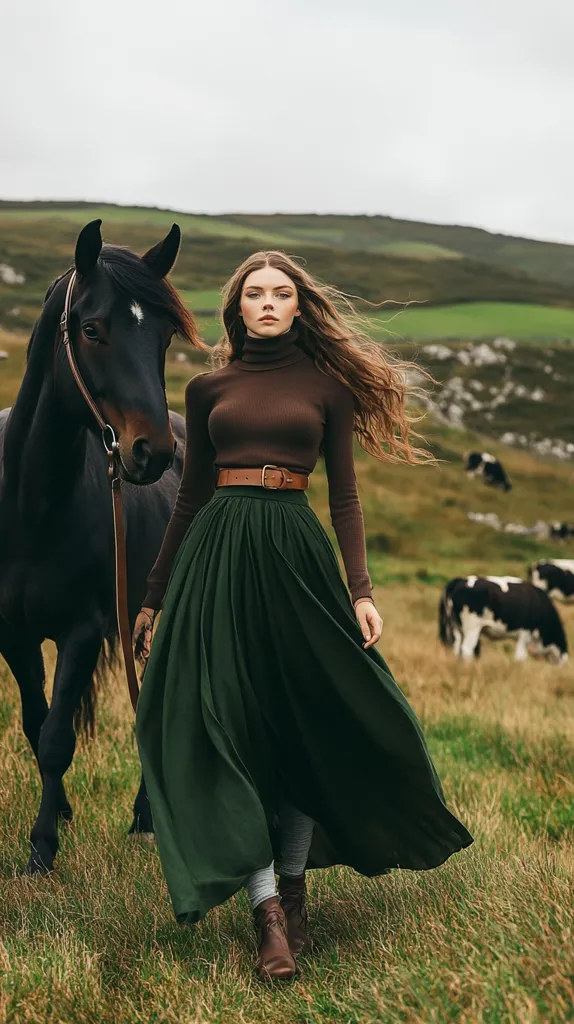 A young woman with long brown hair stands in a field, wearing a brown turtleneck, a long green skirt, and brown boots.  She holds the reins of a black horse beside her.  The setting is rural, with rolling green hills and several cows grazing in the background. The overall mood is serene and slightly melancholic.