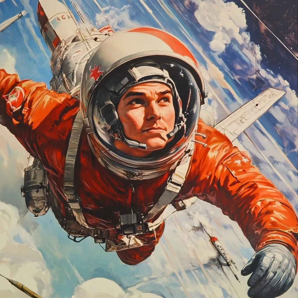 A vibrant Soviet-era painting depicts a cosmonaut in an orange spacesuit, floating against a backdrop of Earth's atmosphere. The cosmonaut's helmet reflects the vastness of space, and a spacecraft is partially visible in the background, adding to the sense of scale and the achievement of space travel. The artwork's style is characteristic of socialist realism, celebrating the heroism of the Soviet space program.