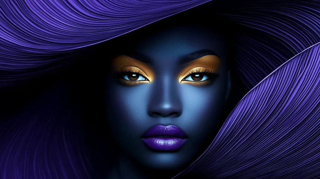 A close-up portrait of a dark-skinned woman with striking gold eyeshadow and purple lipstick.  She is partially obscured by a large, flowing purple fabric that resembles a hat or veil, creating a dramatic and mysterious mood. The image is sharply focused on her face, highlighting the contrast between the cool tones of her skin and the warm gold of her makeup. The overall aesthetic is elegant and sophisticated.