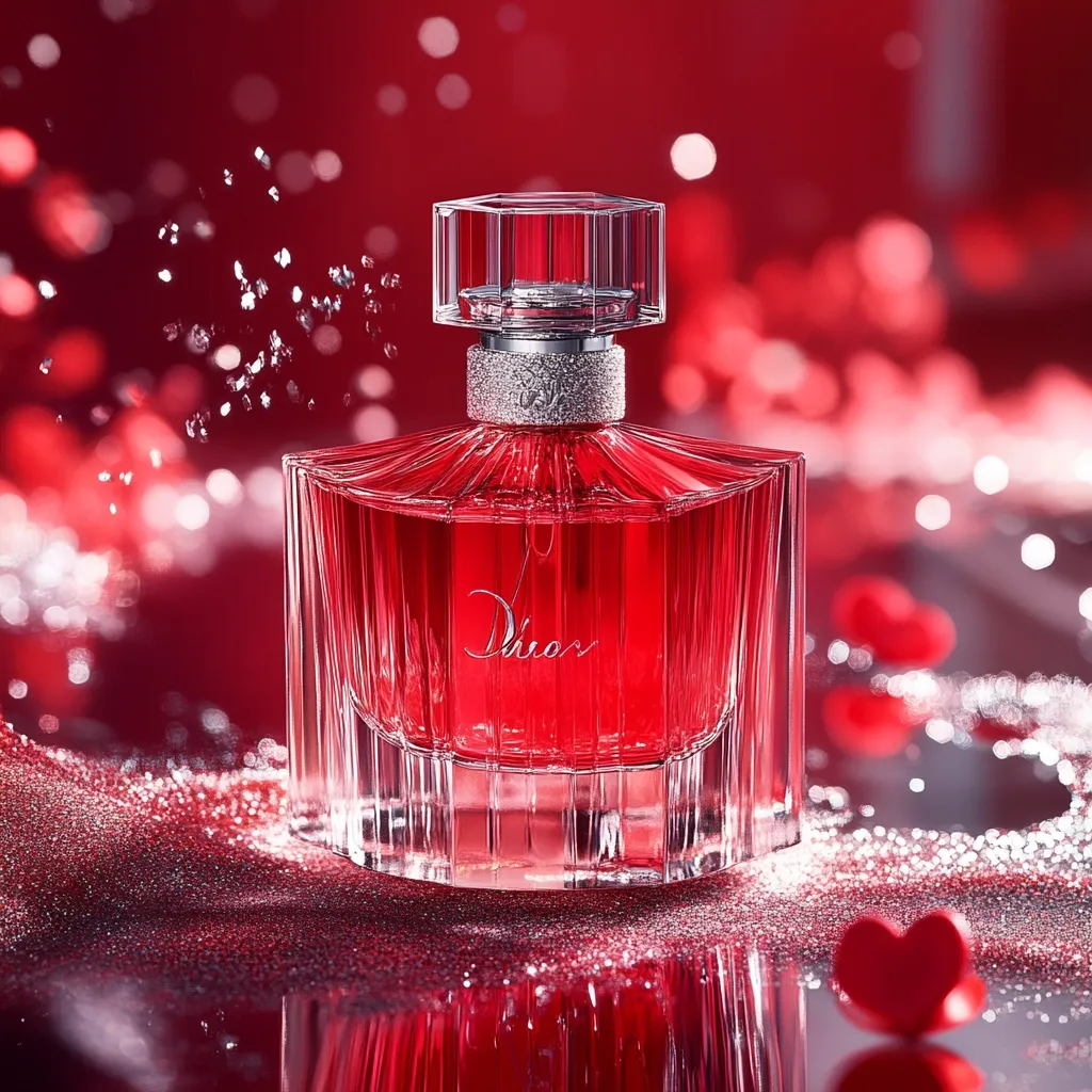 A bottle of Dior perfume sits on a red, glittery surface.  The perfume is a deep red, contained within a crystal-like bottle with a faceted design.  Small red hearts are scattered around the bottle, enhancing the romantic and luxurious feel of the image.  The bottle's cap is adorned with sparkling accents.  The overall presentation is opulent and suggestive of a high-end fragrance.