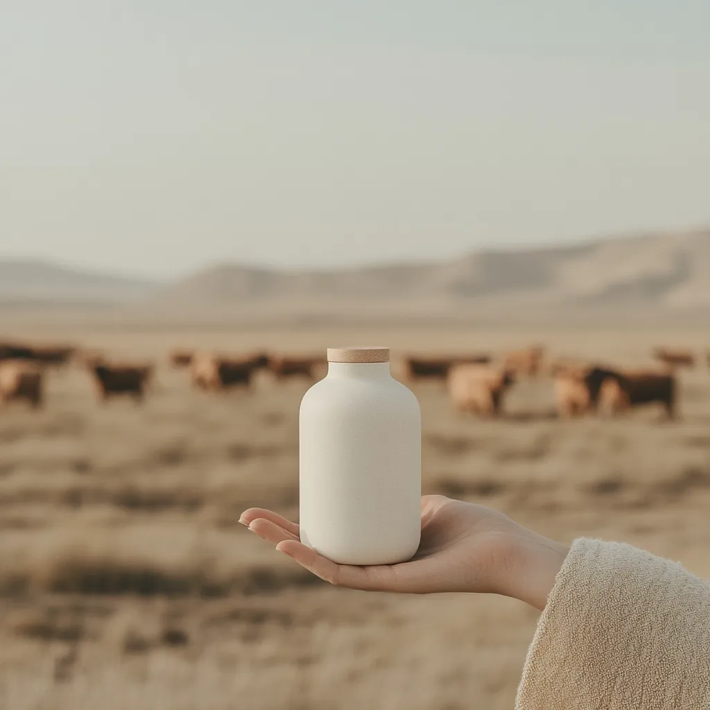 A hand holds a white ceramic bottle with a light wood lid. The bottle is subtly showcased against a blurred backdrop of a wide open field where a herd of cattle grazes under a soft, light sky. The overall aesthetic is minimalistic and natural.  The scene evokes a sense of calm and simplicity.