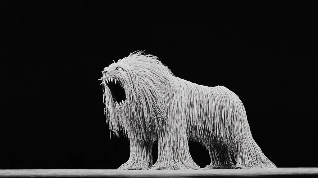 A striking monochrome image showcases a Puli dog meticulously groomed to resemble a lion.  Its long, corded coat drapes down to the floor, obscuring its legs. The dog's mouth is open in a dramatic roar, enhancing the powerful, almost mythical, effect. The stark black background emphasizes the dog's white coat and fierce expression. The overall composition is dramatic and artistic.